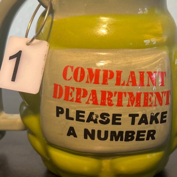 BIG MOUTH.Hand Grenade Shaped COMPLAINT DEPARTMENT "Take a Number" Novelty Mug - Picture 3 of 12